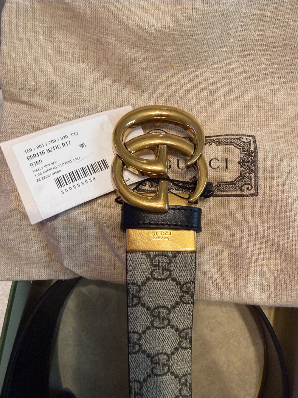Gucci GG Canvas Belt, reversible with Gold Double G Buckle